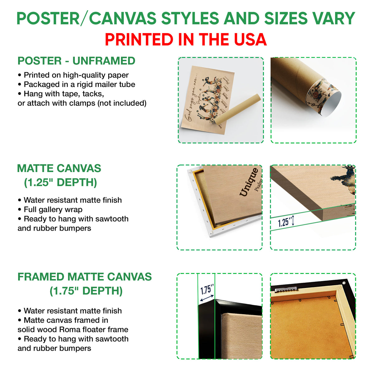 Poster and canvas wall art option guide showing unframed poster, matte canvas, and framed canvas formats