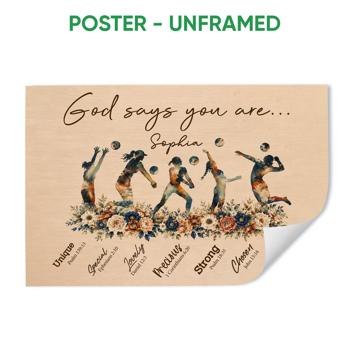 Unframed volleyball poster featuring players, floating volleyballs, flowers, and an inspirational faith theme