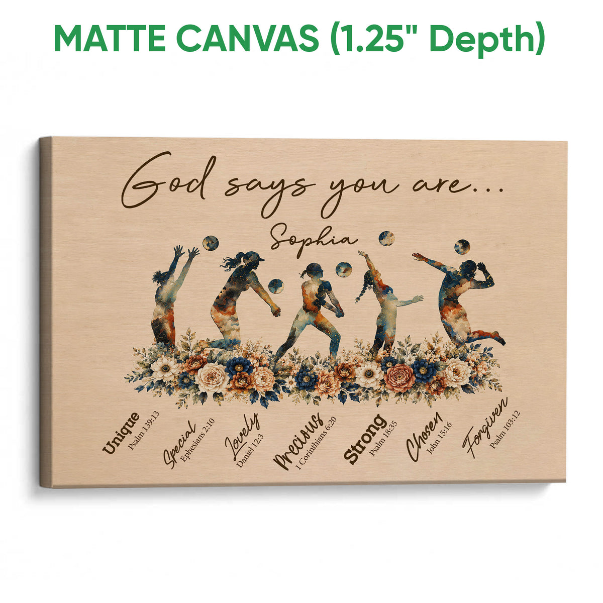 Matte canvas volleyball wall art with five players, floral arrangement, and warm neutral artwork