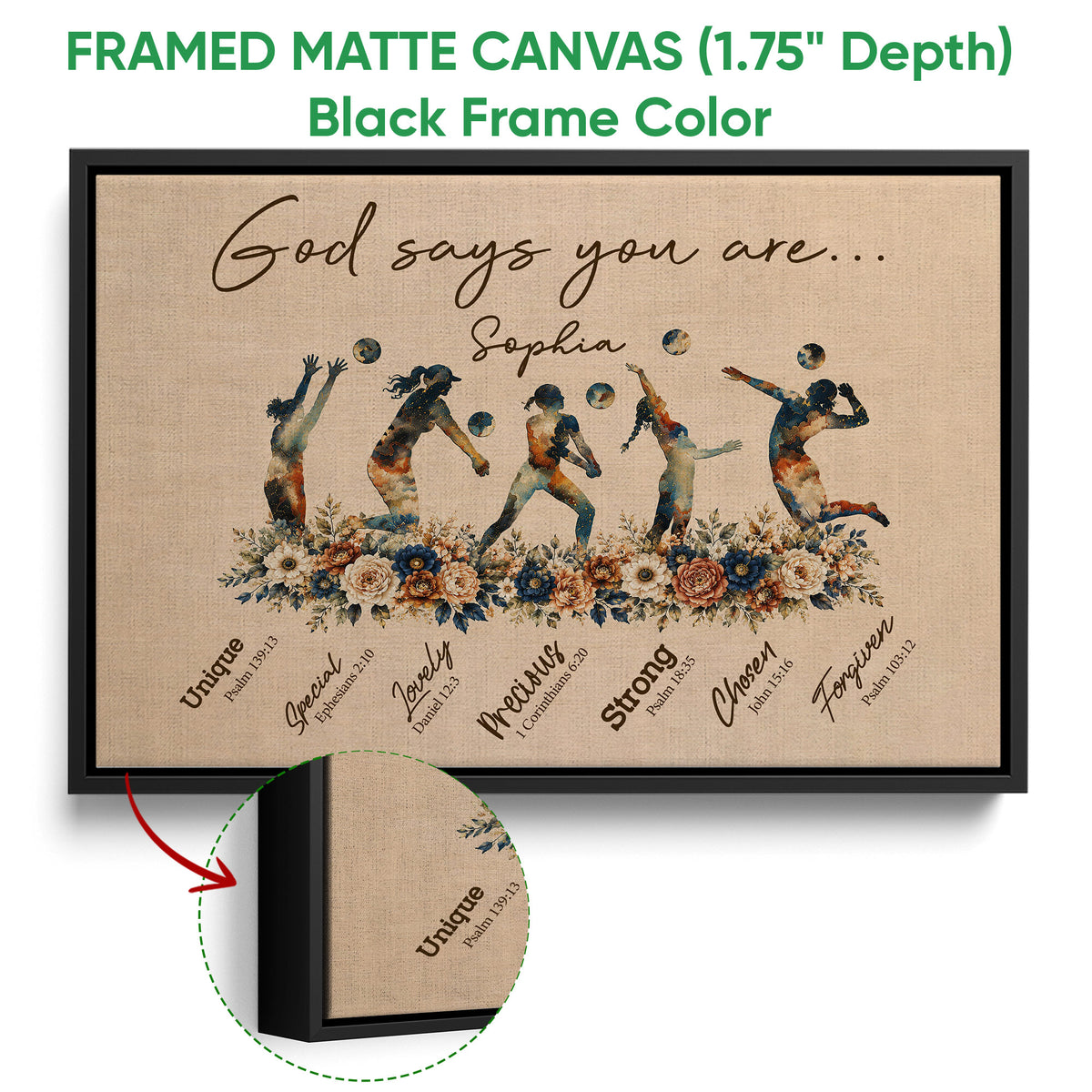 Black framed volleyball canvas wall art with floral border and detailed player silhouettes
