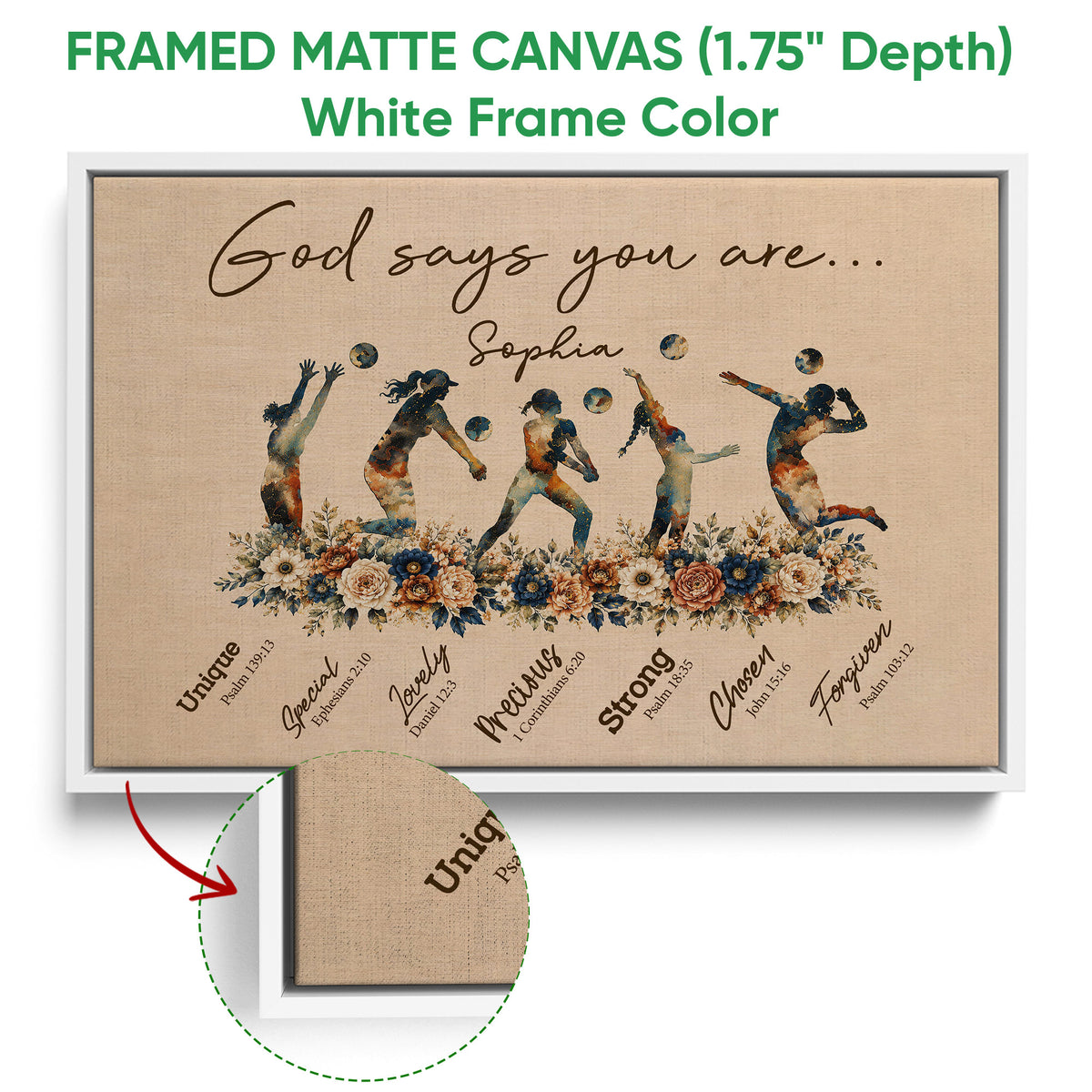 White framed volleyball canvas wall art with inspirational artwork and colorful floral border