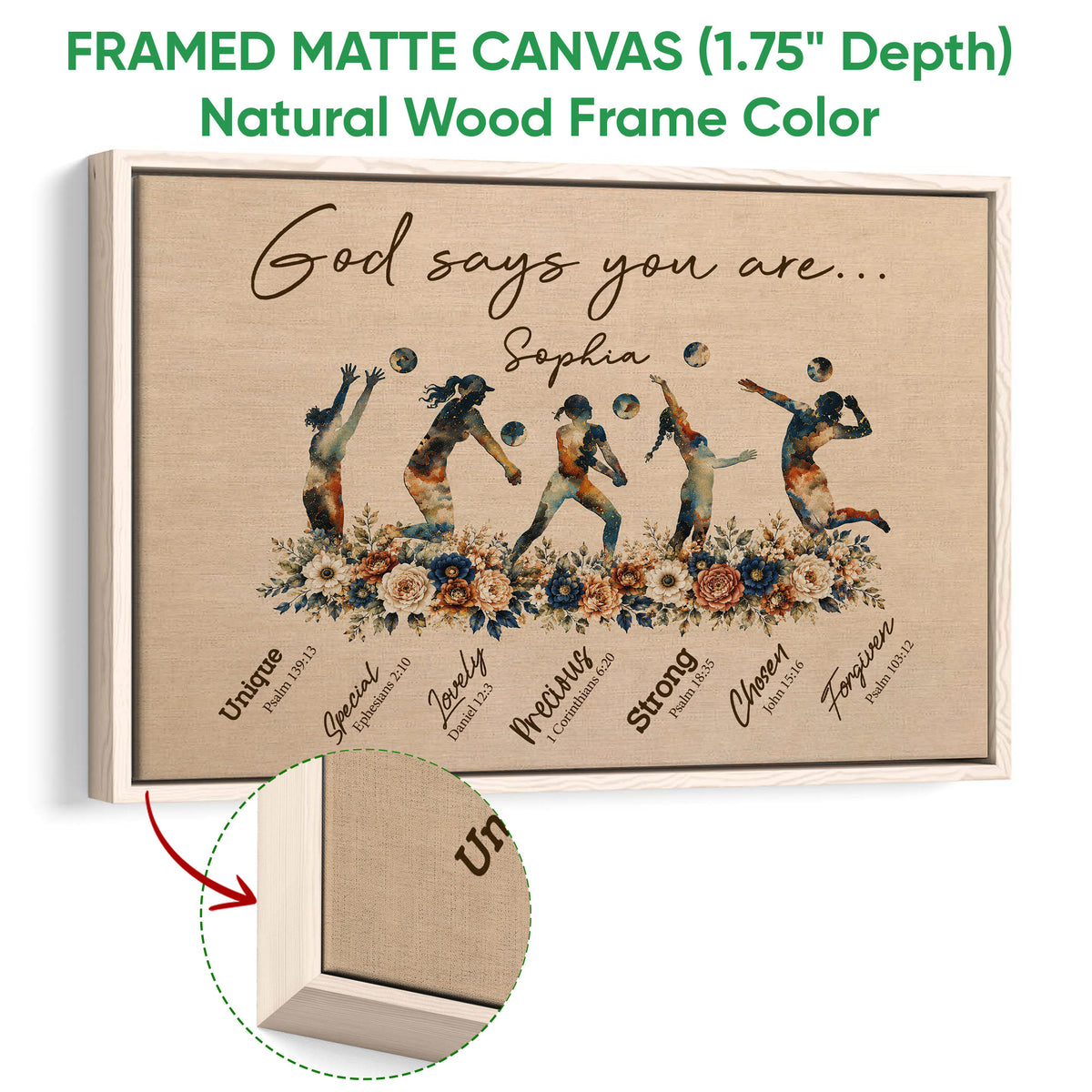 Natural wood framed volleyball wall art with five players and watercolor-style flowers