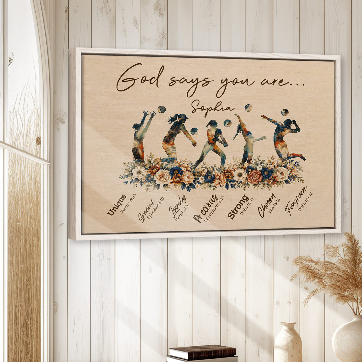 Framed volleyball wall art displayed on a bright white wood-paneled wall in a home setting