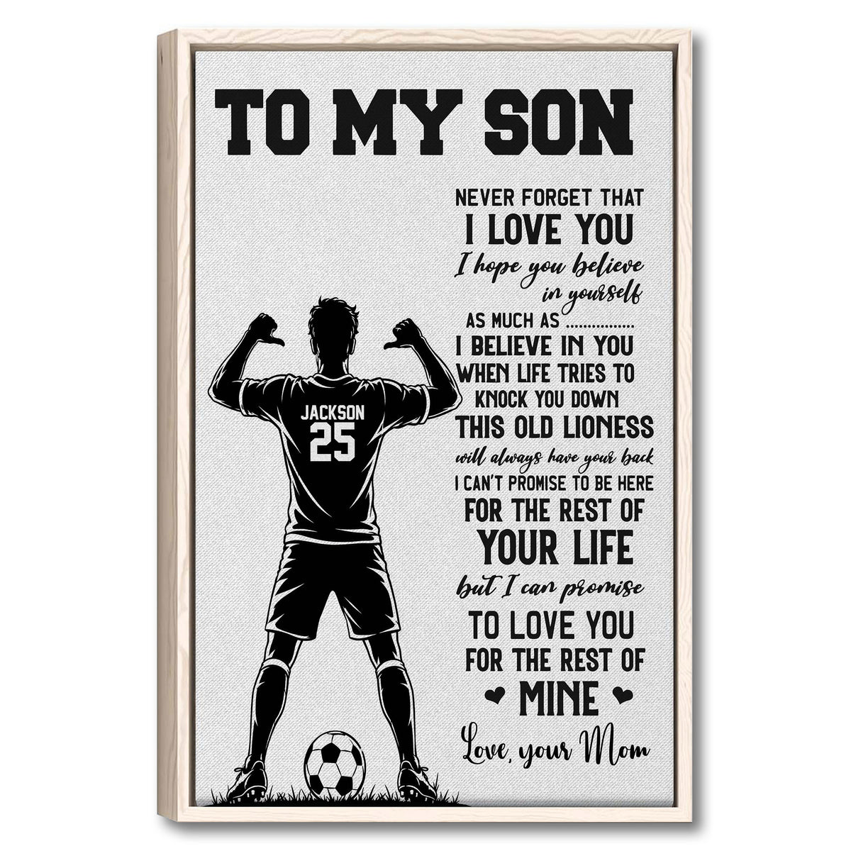 Framed soccer wall art featuring a player silhouette, soccer ball, and heartfelt message