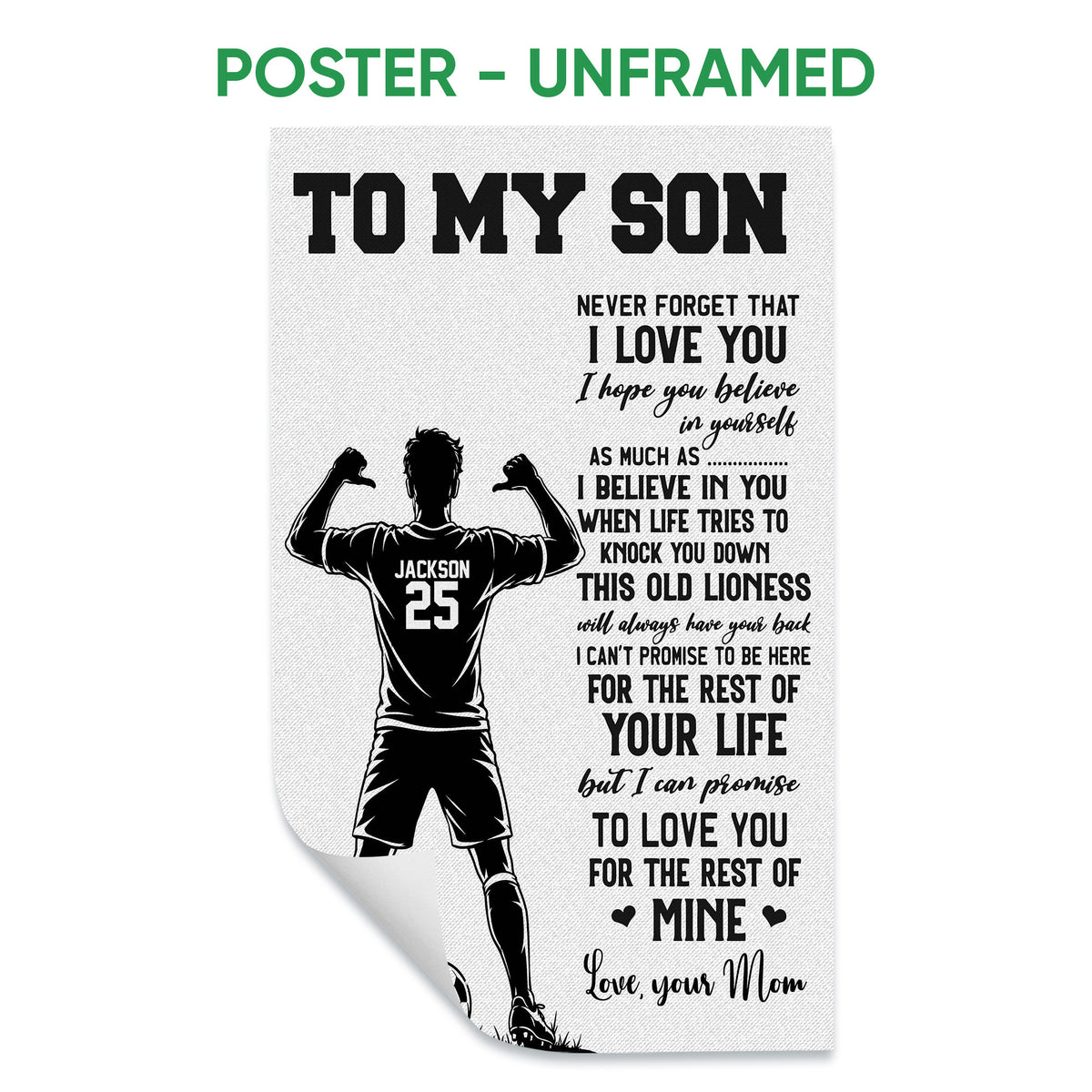 Unframed soccer poster with a player silhouette, soccer ball, and inspirational family message