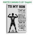 Matte canvas soccer wall art featuring a player silhouette and black-and-white motivational message