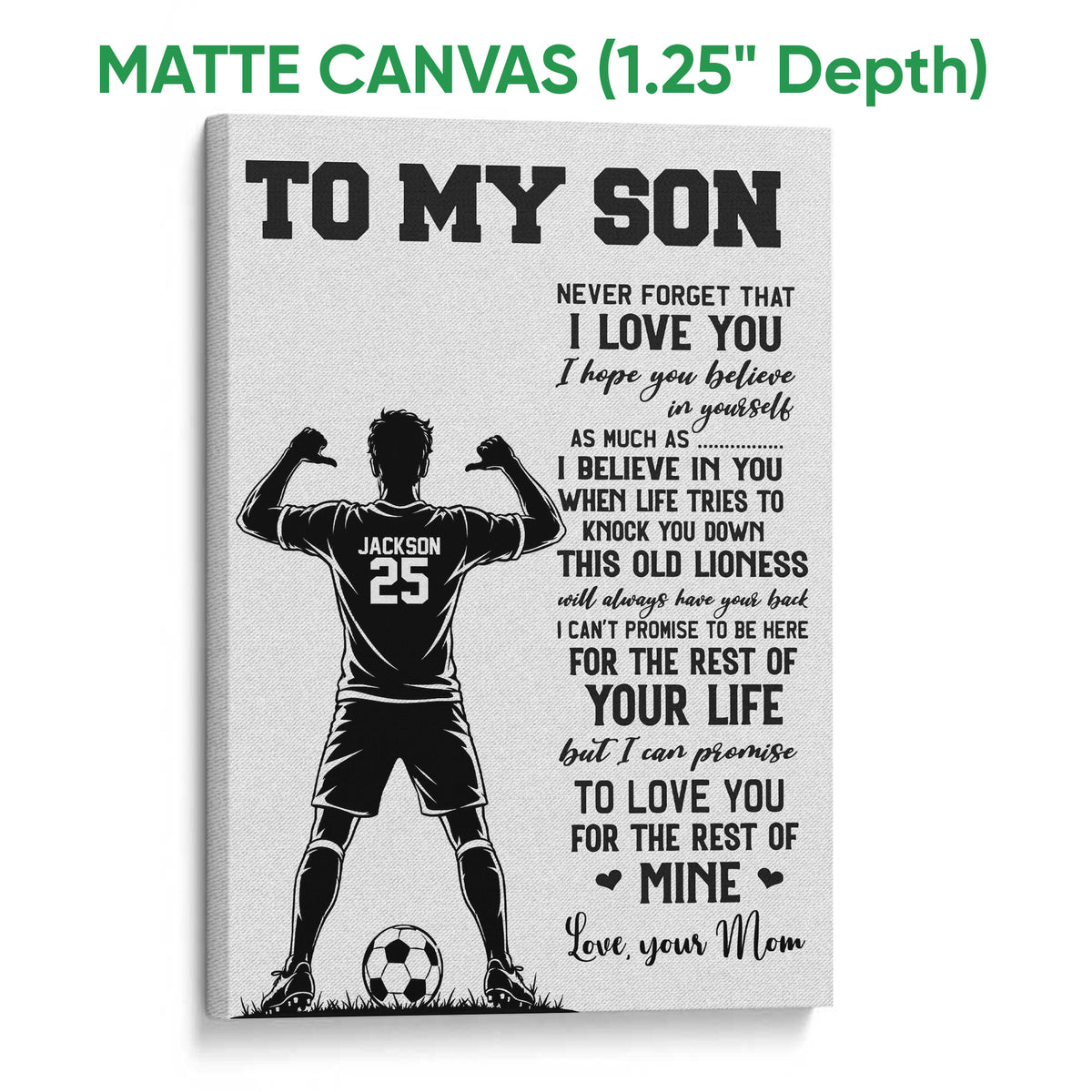 Matte canvas soccer wall art featuring a player silhouette and black-and-white motivational message