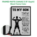 Black framed soccer canvas wall art with a player silhouette, soccer ball, and heartfelt message