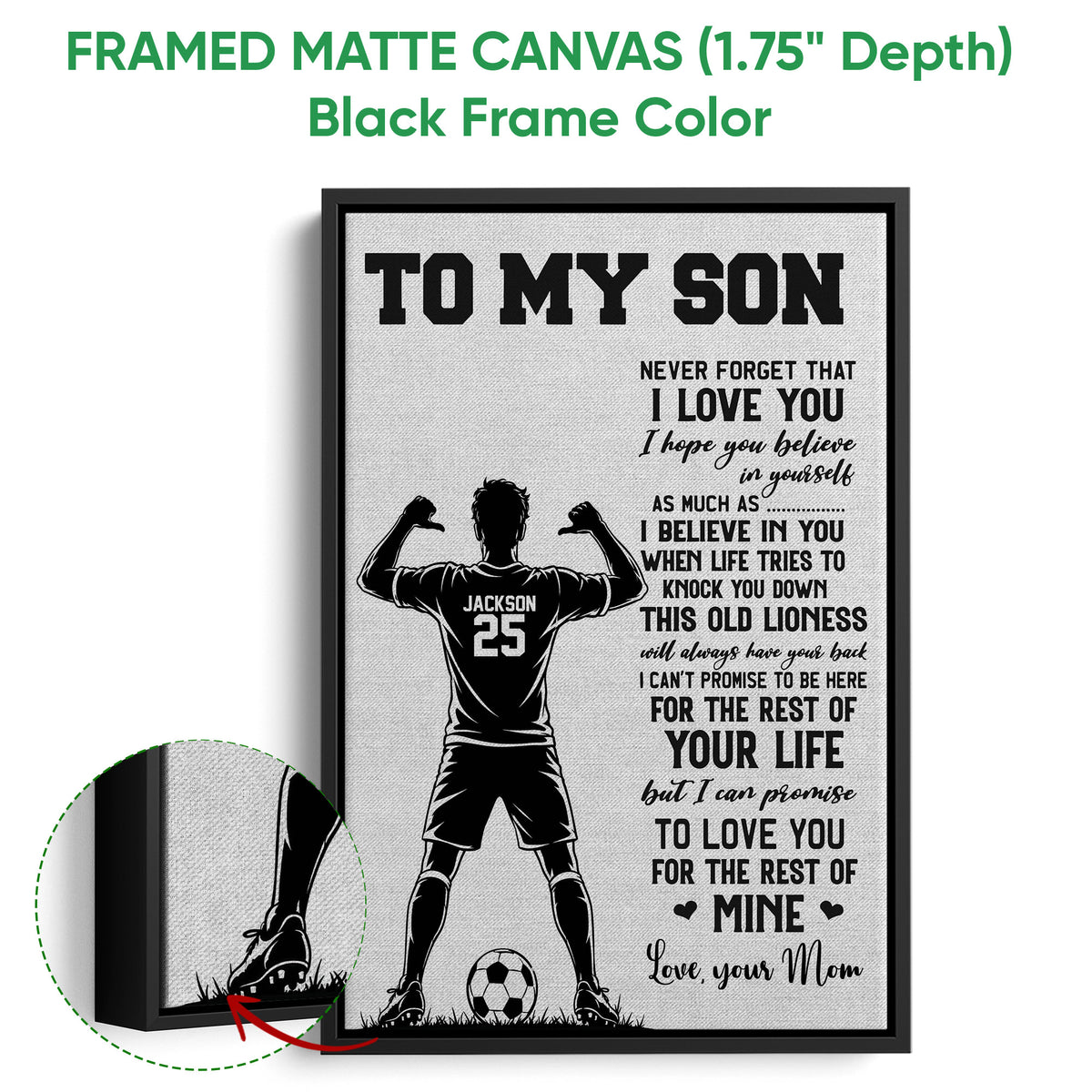 Black framed soccer canvas wall art with a player silhouette, soccer ball, and heartfelt message
