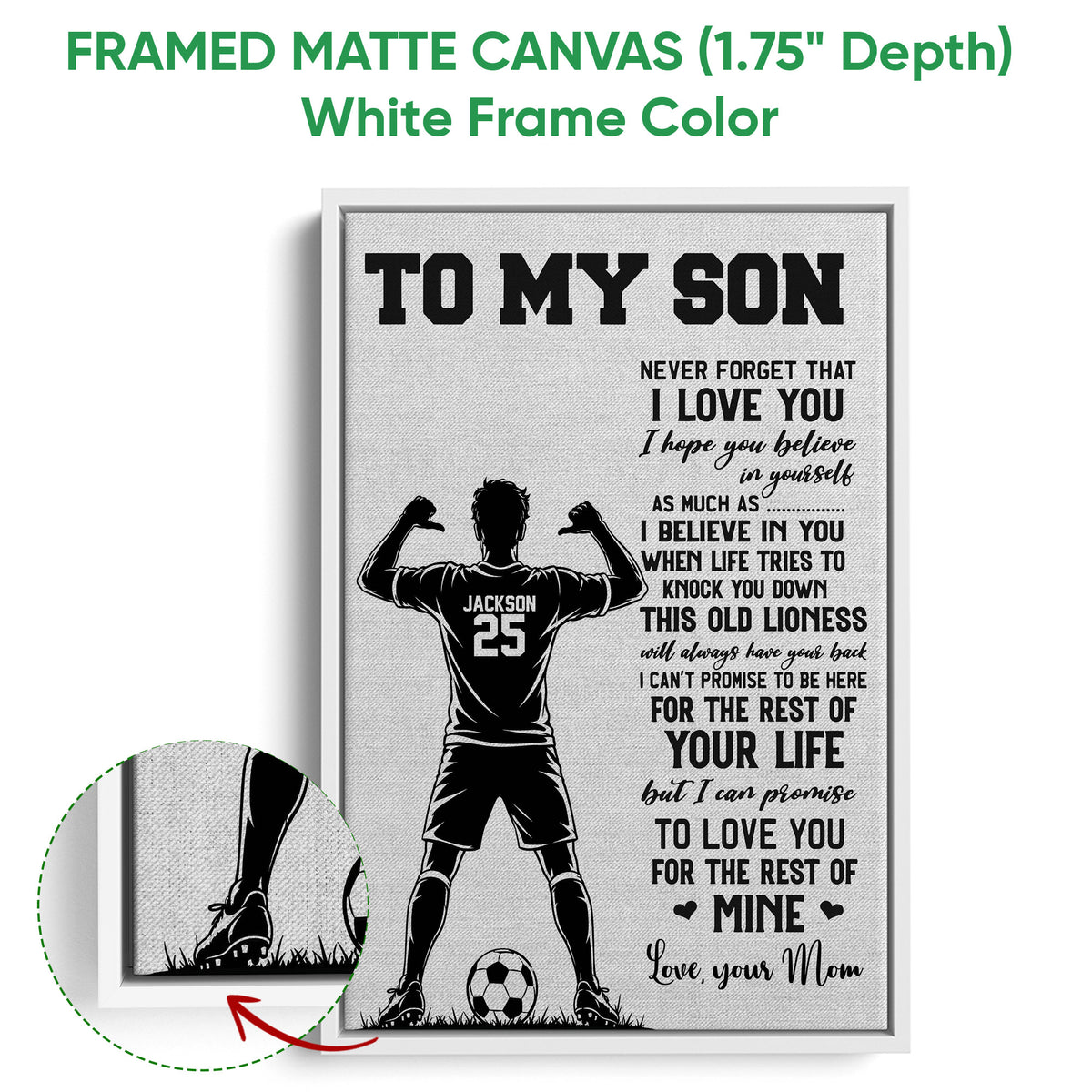 White framed soccer canvas wall art with a player silhouette and inspirational family message