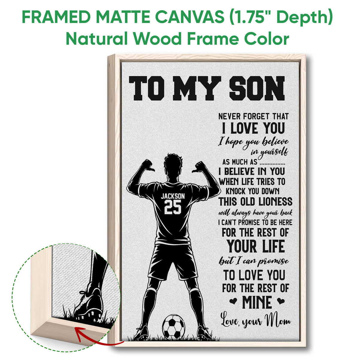 Natural wood framed soccer wall art featuring a player silhouette and soccer ball