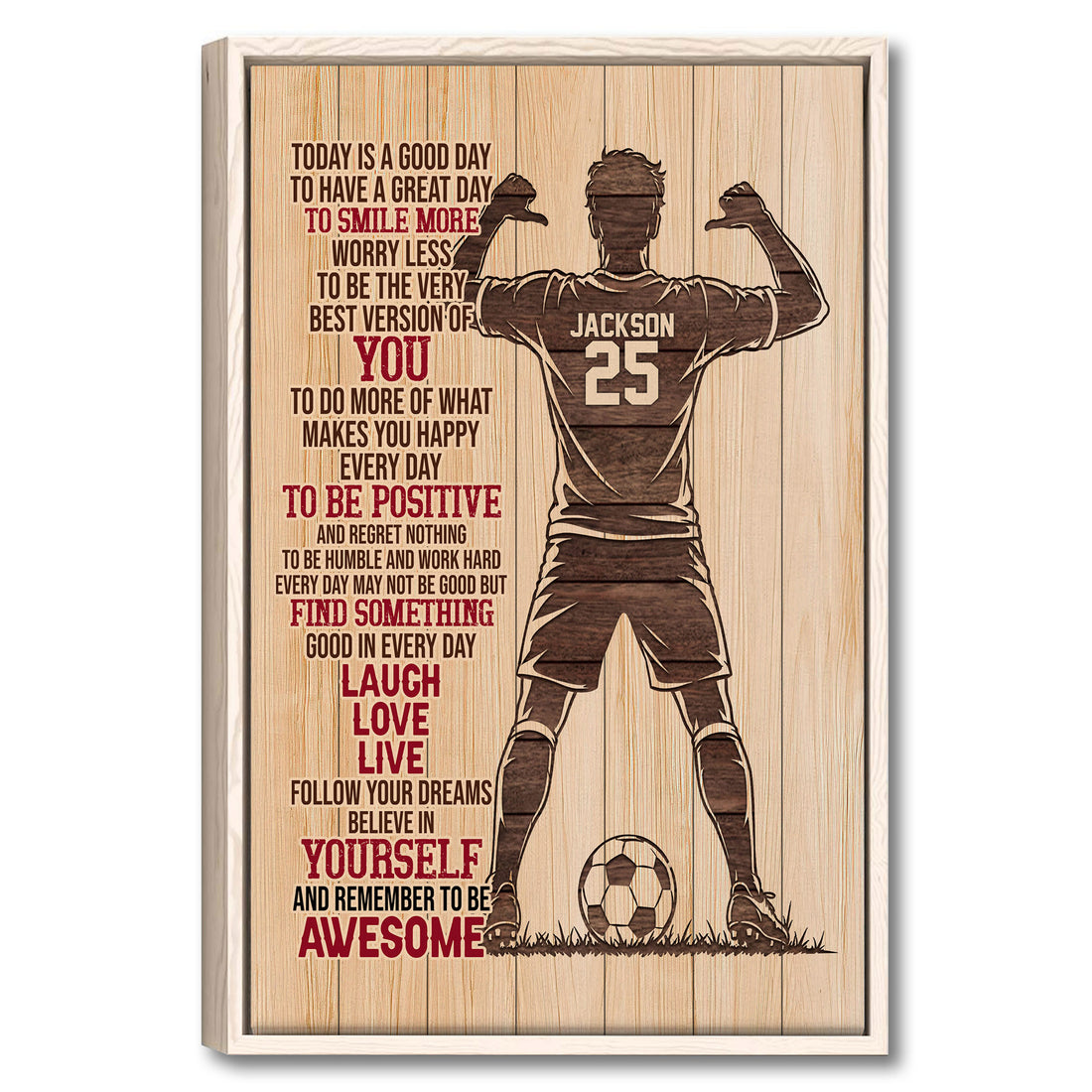 Framed soccer wall art with a motivational quote, flexing player silhouette, soccer ball, and woodgrain design