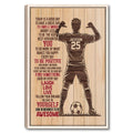 Framed soccer wall art with a motivational quote, flexing player silhouette, soccer ball, and woodgrain design