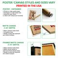 Poster and canvas wall art option guide showing unframed poster, matte canvas, and framed canvas formats