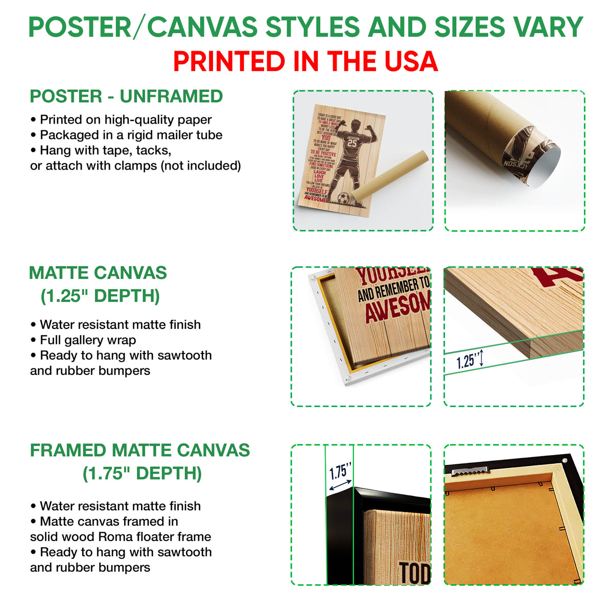 Poster and canvas wall art option guide showing unframed poster, matte canvas, and framed canvas formats