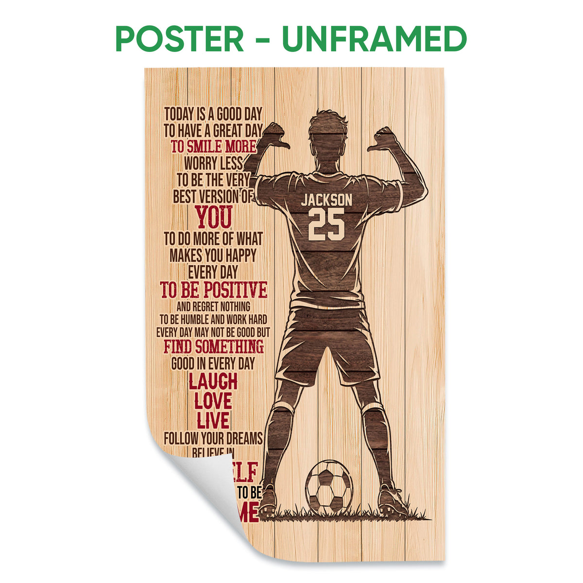 Unframed soccer poster featuring a motivational typography design, soccer player silhouette, and ball