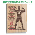 Matte canvas soccer wall art with a woodgrain background, motivational quote, player silhouette, and soccer ball