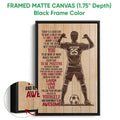 Framed matte canvas soccer wall art shown with a black frame and close-up of the frame edge