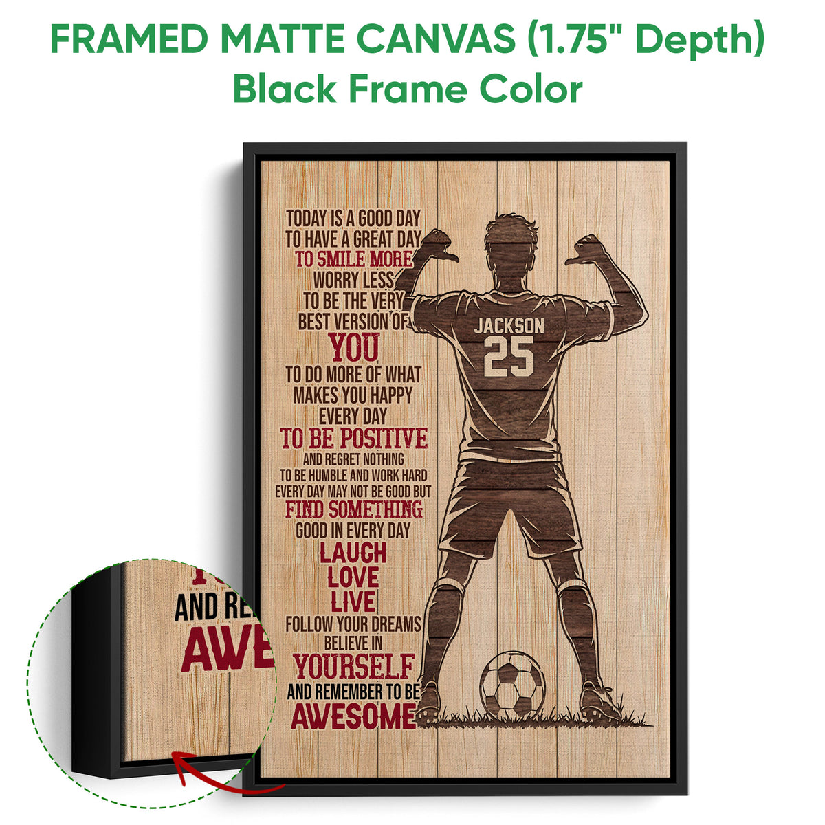 Framed matte canvas soccer wall art shown with a black frame and close-up of the frame edge