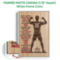 Framed matte canvas soccer wall art shown with a white frame and close-up of the frame edge