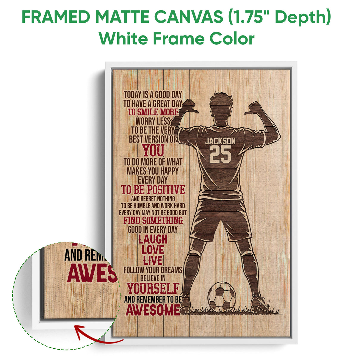 Framed matte canvas soccer wall art shown with a white frame and close-up of the frame edge