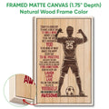 Framed matte canvas soccer wall art shown with a natural wood frame and close-up of the frame edge