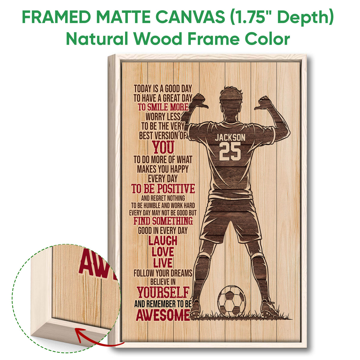 Framed matte canvas soccer wall art shown with a natural wood frame and close-up of the frame edge