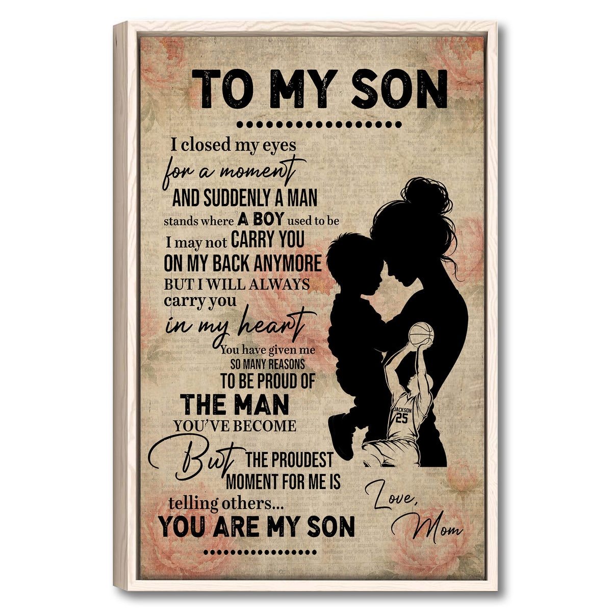 Framed basketball wall art with a mother and son silhouette, heartfelt typography, and vintage floral background