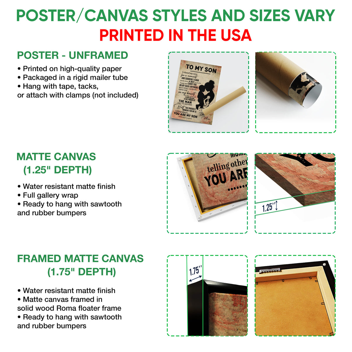 Poster and canvas wall art format guide showing unframed poster, matte canvas, and framed canvas examples