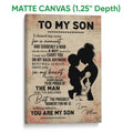 Matte canvas basketball wall art featuring a mother and son silhouette, bold typography, and warm neutral tones