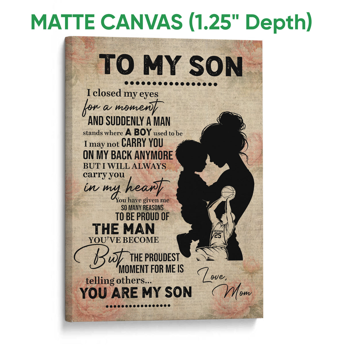 Matte canvas basketball wall art featuring a mother and son silhouette, bold typography, and warm neutral tones