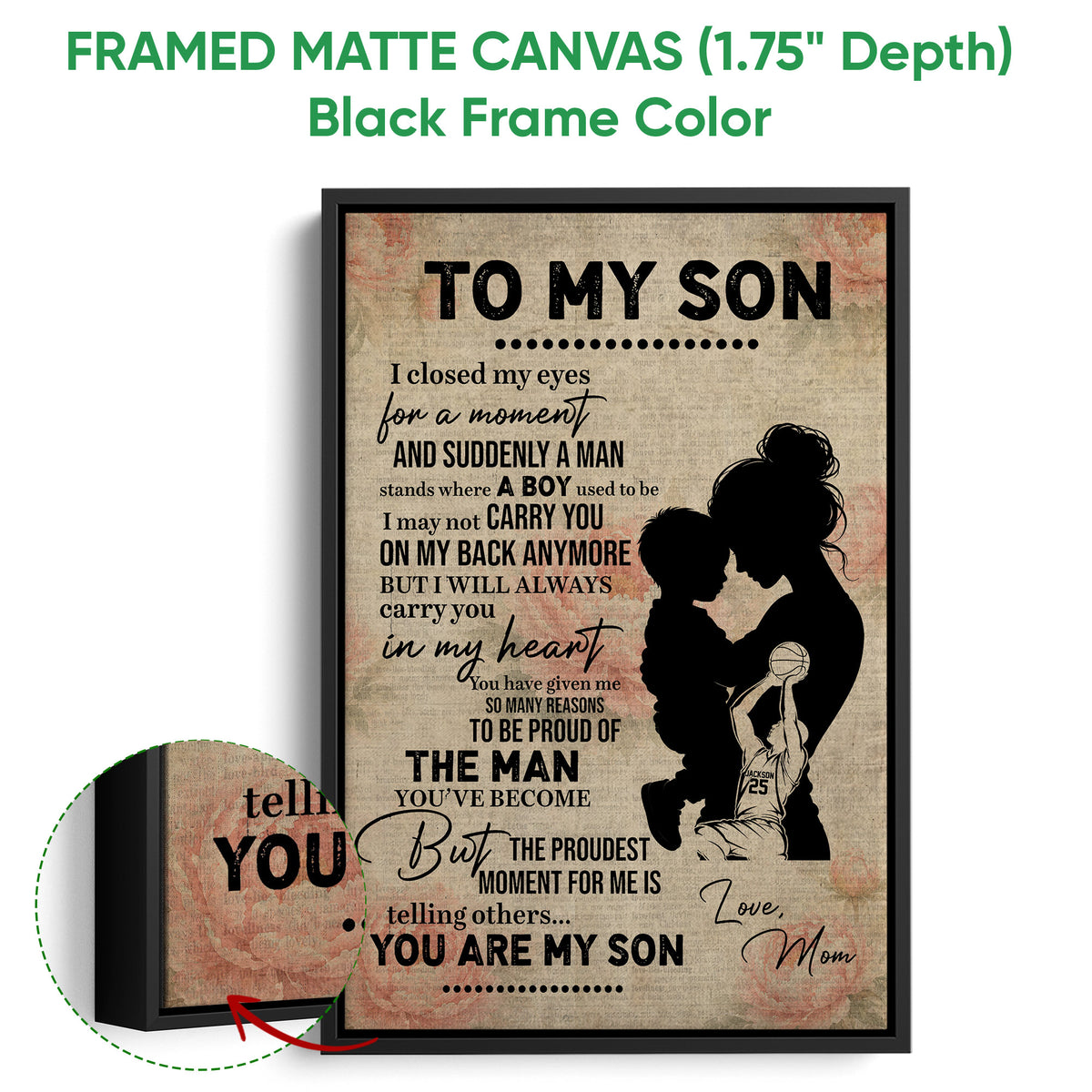 Black framed basketball canvas wall art with a mother and son silhouette and close-up textured artwork detail