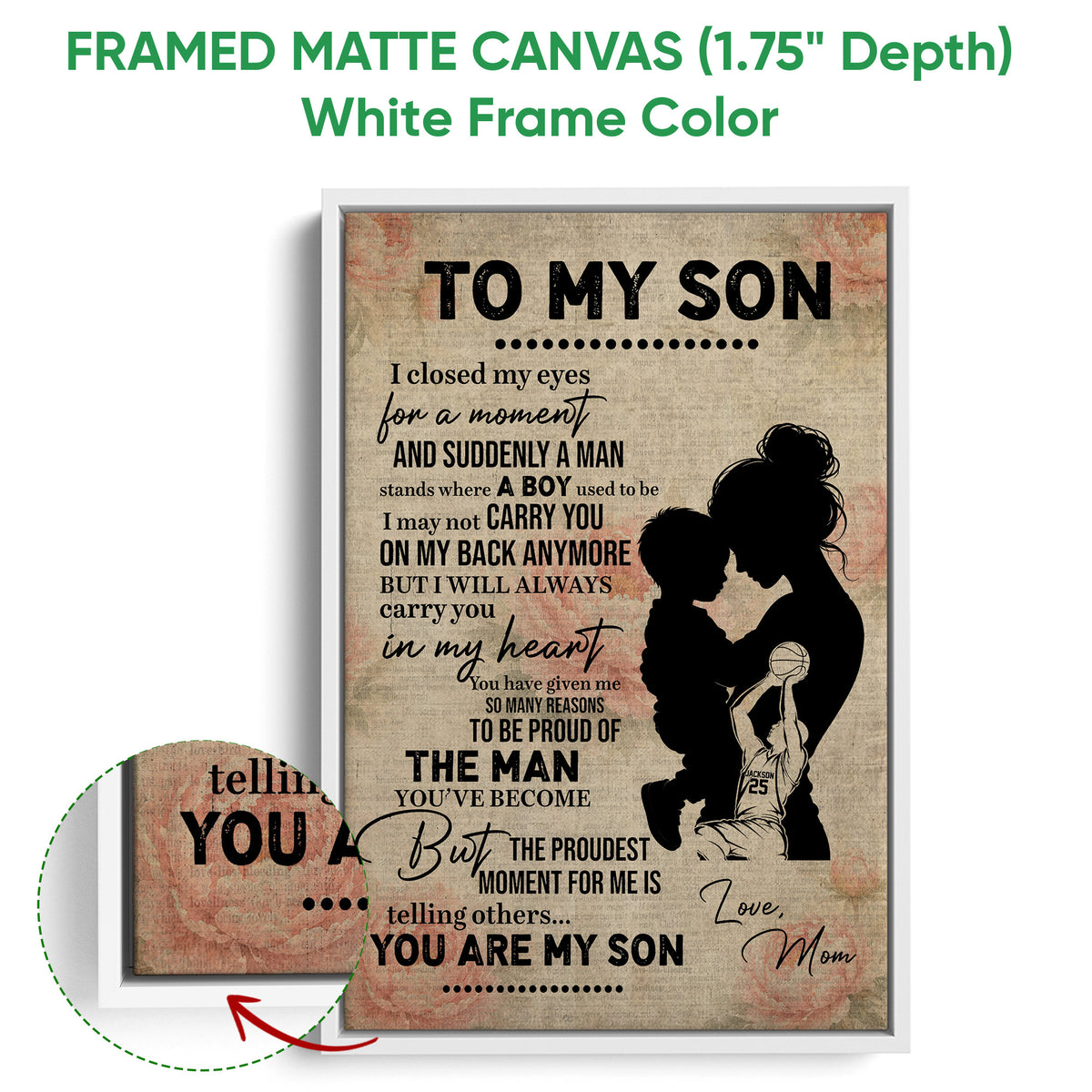 White framed basketball canvas wall art with a mother and son silhouette and warm vintage typography design