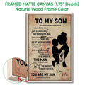 Natural wood framed basketball wall art with a mother and son silhouette and close-up frame detail