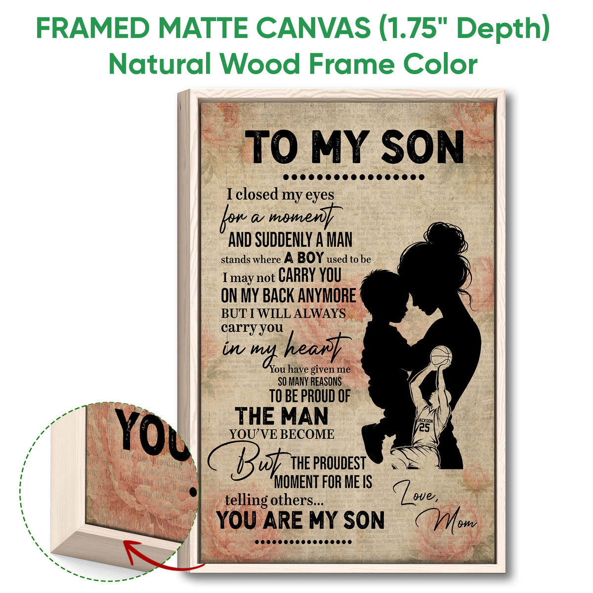 Natural wood framed basketball wall art with a mother and son silhouette and close-up frame detail