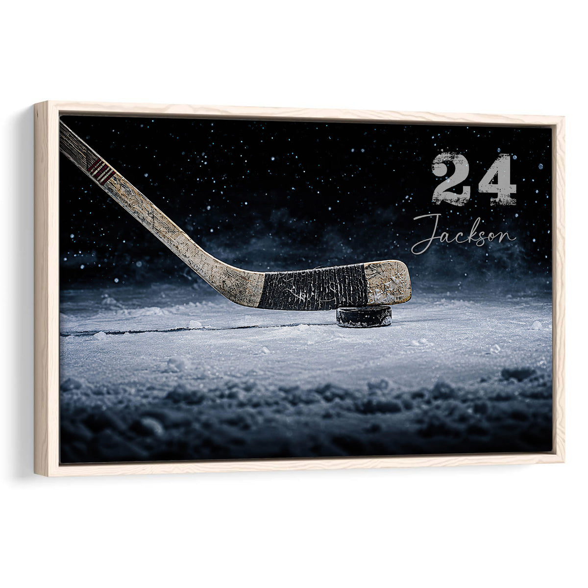Framed hockey wall art featuring a hockey stick and puck on an icy blue rink background