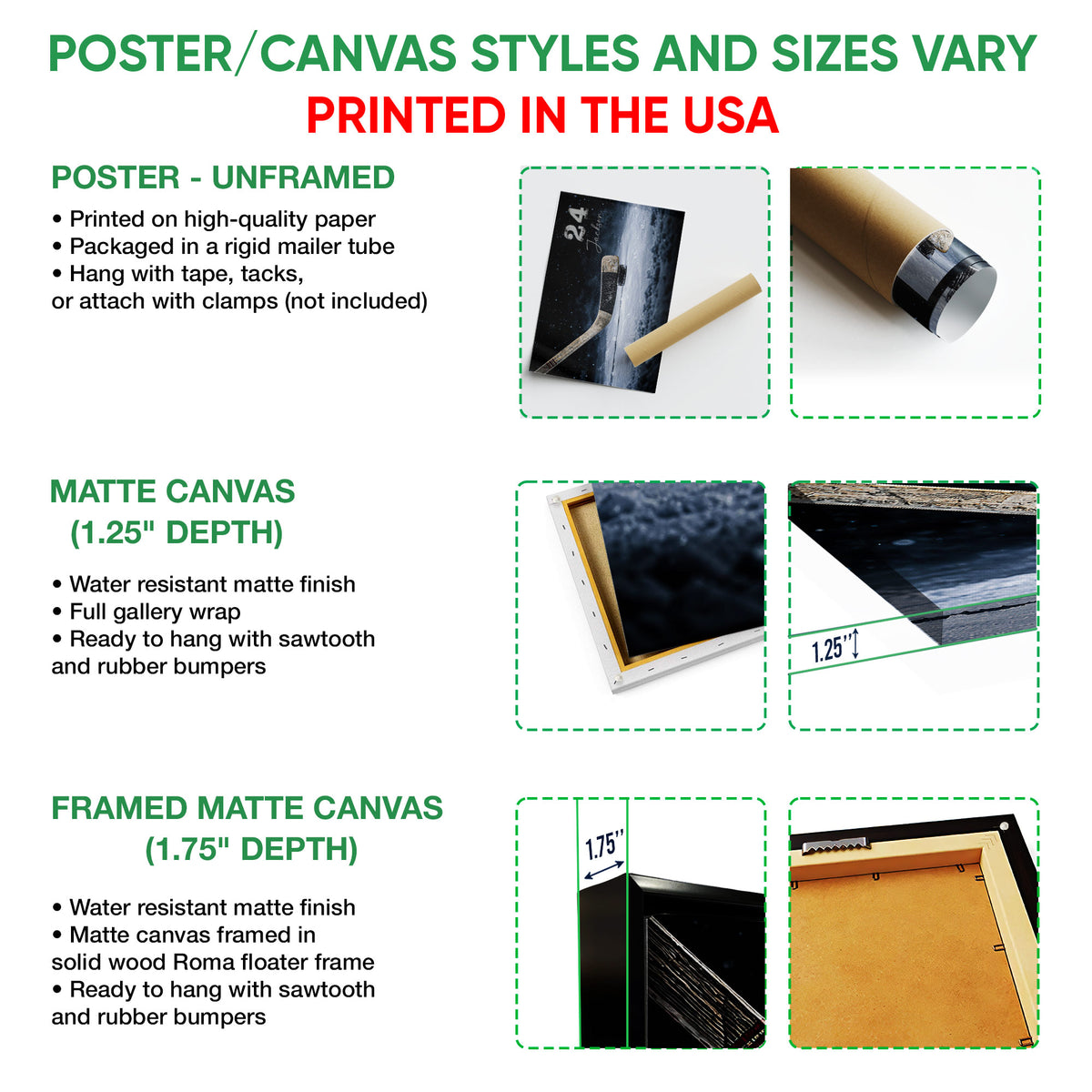 Poster, matte canvas, and framed matte canvas wall art option guide for hockey artwork