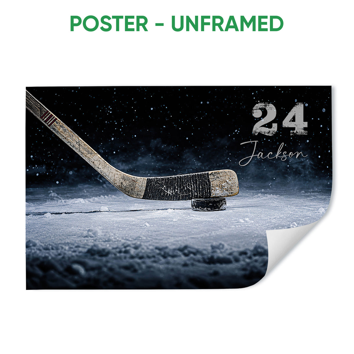 Unframed hockey poster showing a hockey stick and puck against a dark icy rink scene