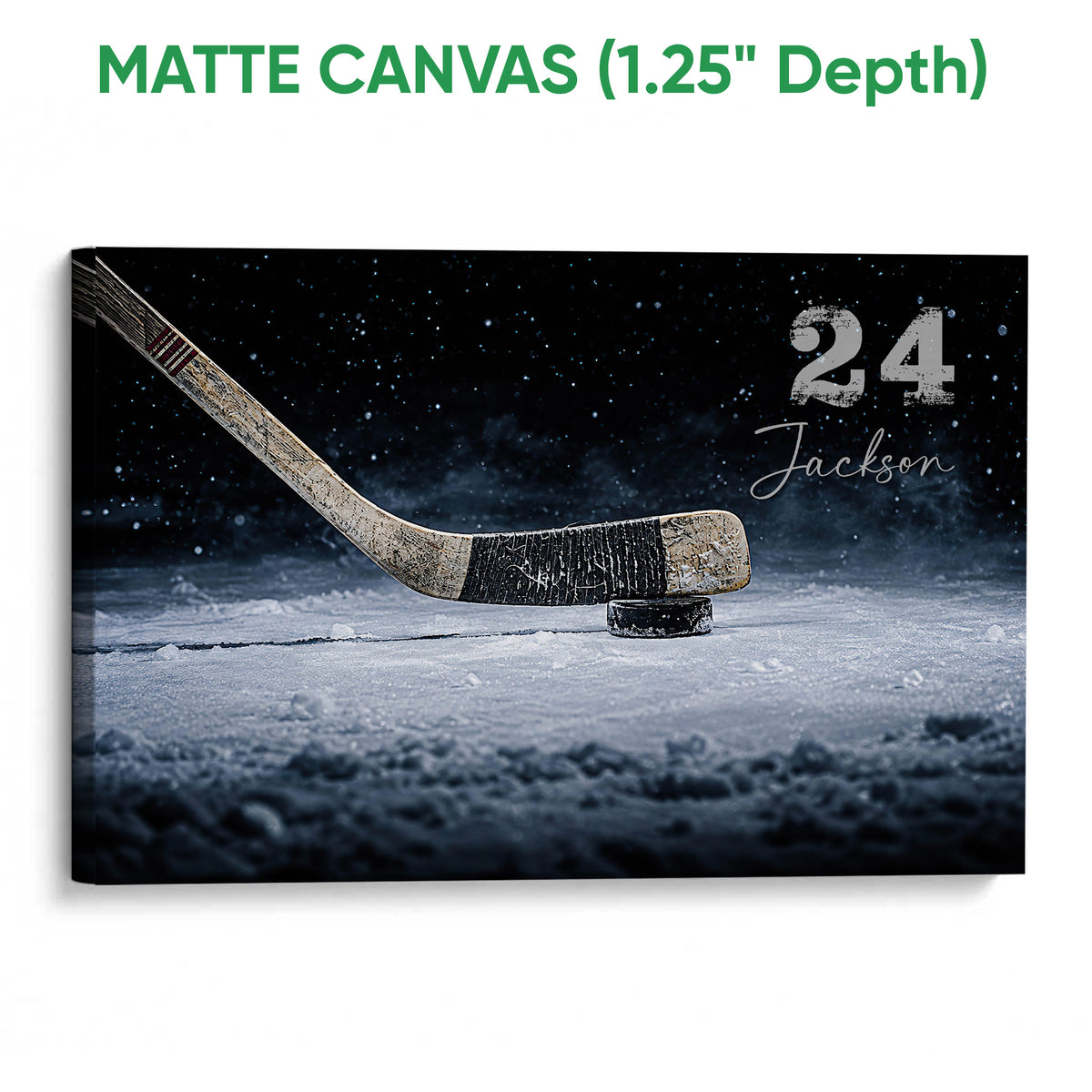 Matte canvas hockey wall art showing a hockey stick and puck on a frozen rink