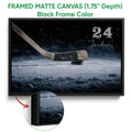 Framed hockey canvas wall art in a black frame with a close-up of the frame edge