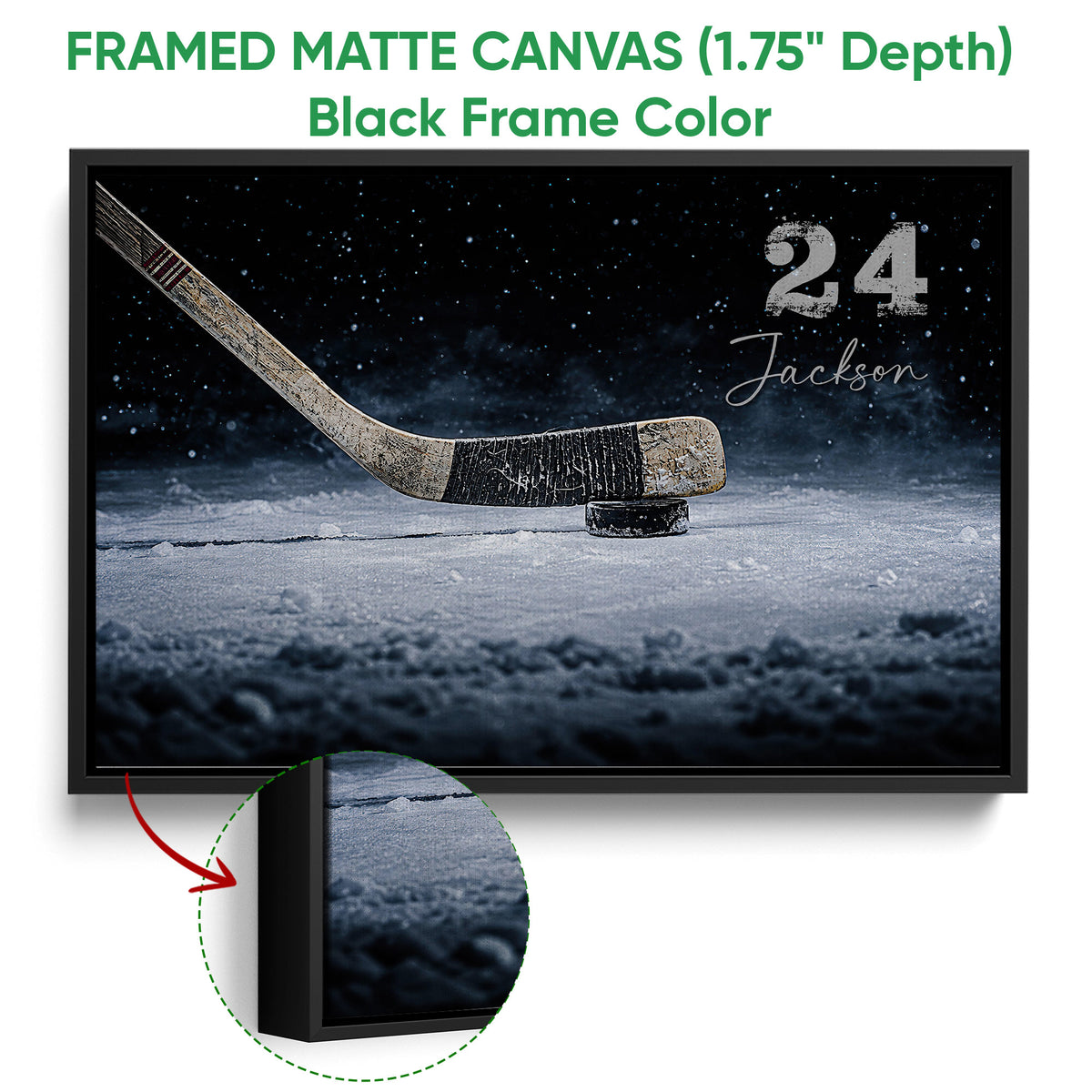 Framed hockey canvas wall art in a black frame with a close-up of the frame edge