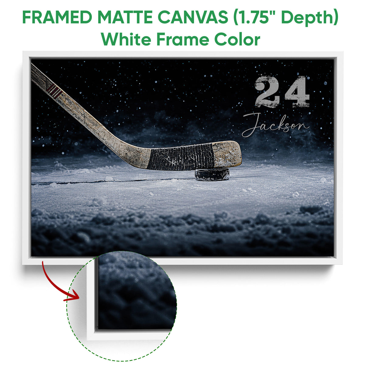 Framed hockey canvas wall art in a white frame with an edge detail view