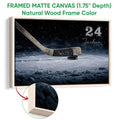 Framed hockey canvas wall art in a natural wood frame with a close-up of the frame edge