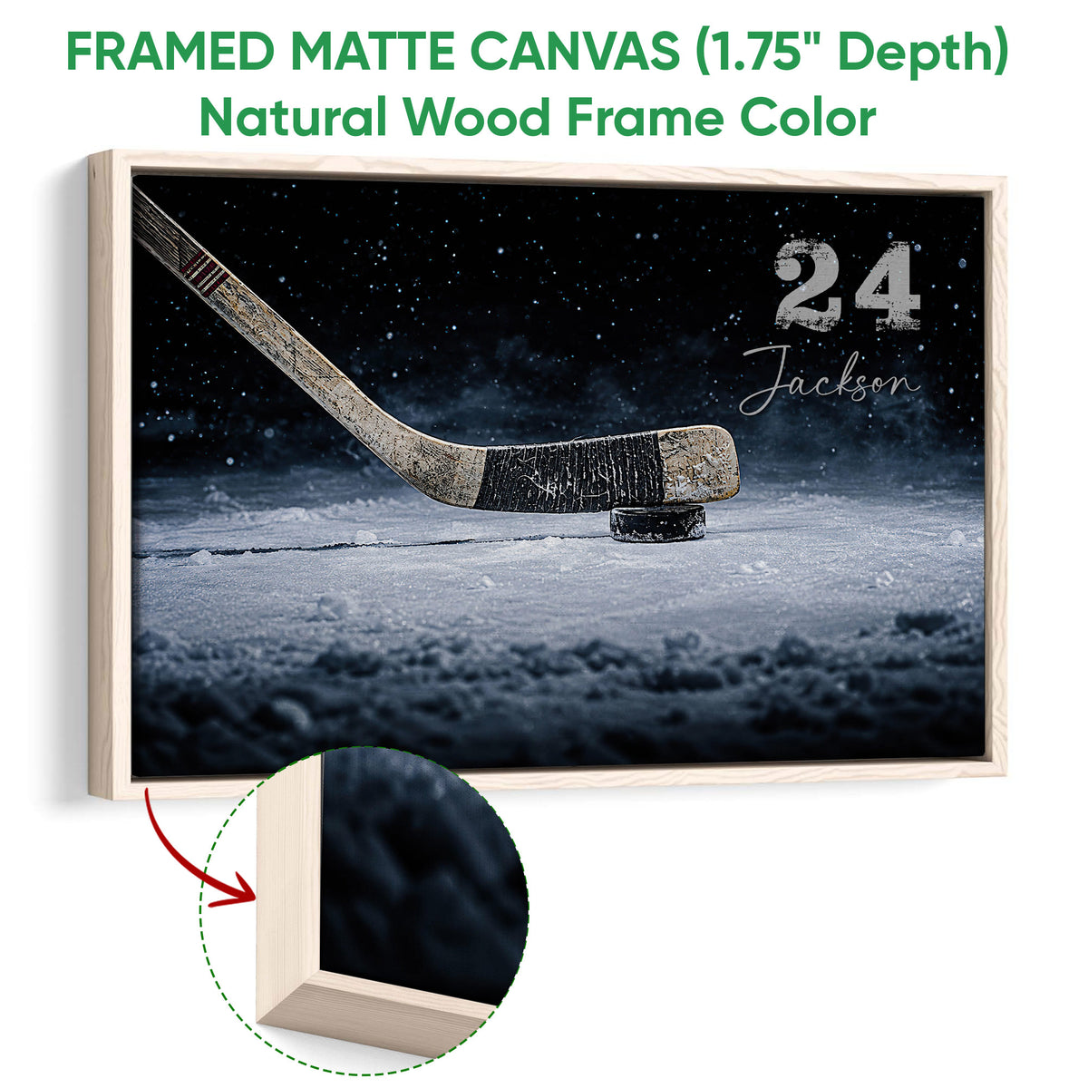 Framed hockey canvas wall art in a natural wood frame with a close-up of the frame edge