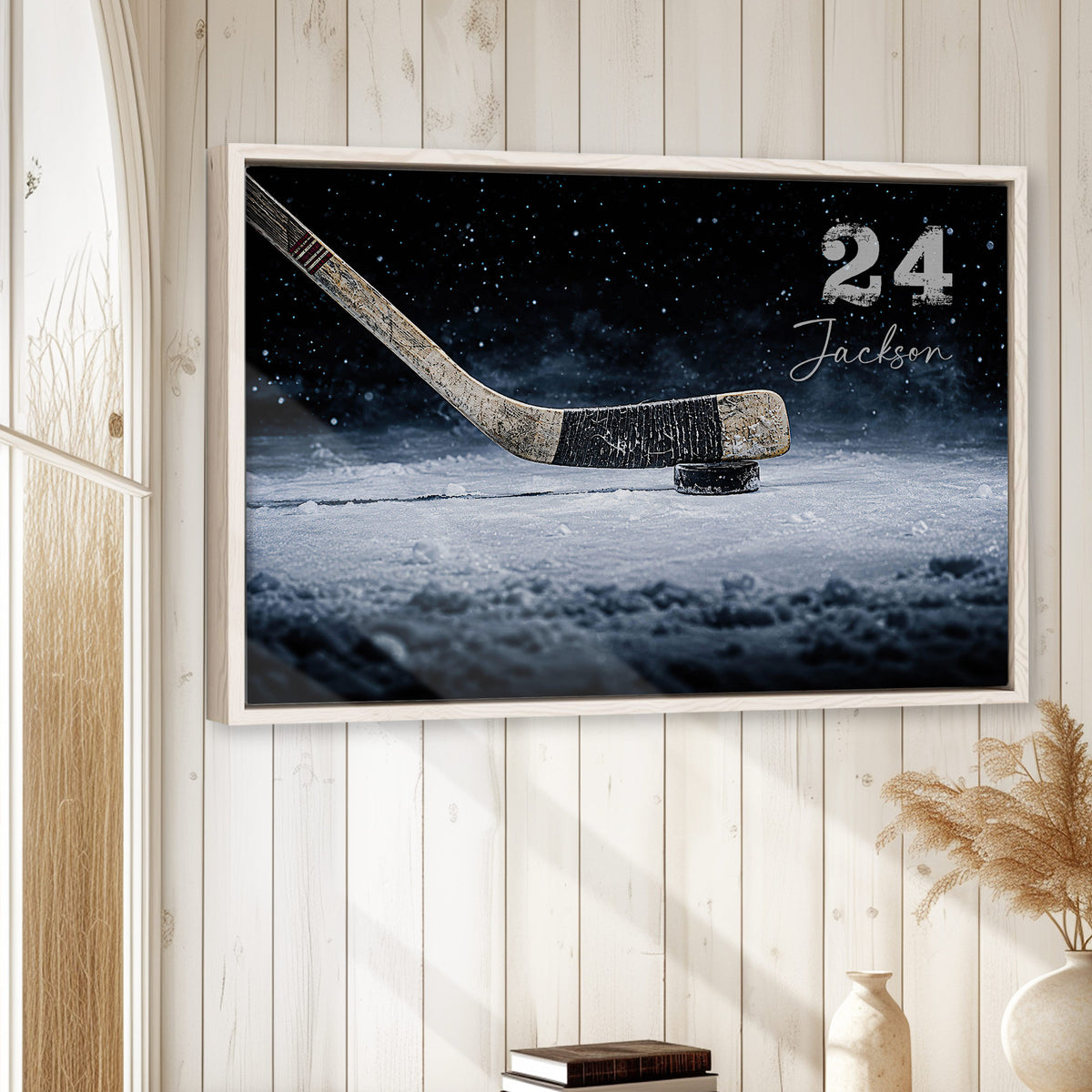 Hockey wall art displayed in a light wood framed room with white paneled walls