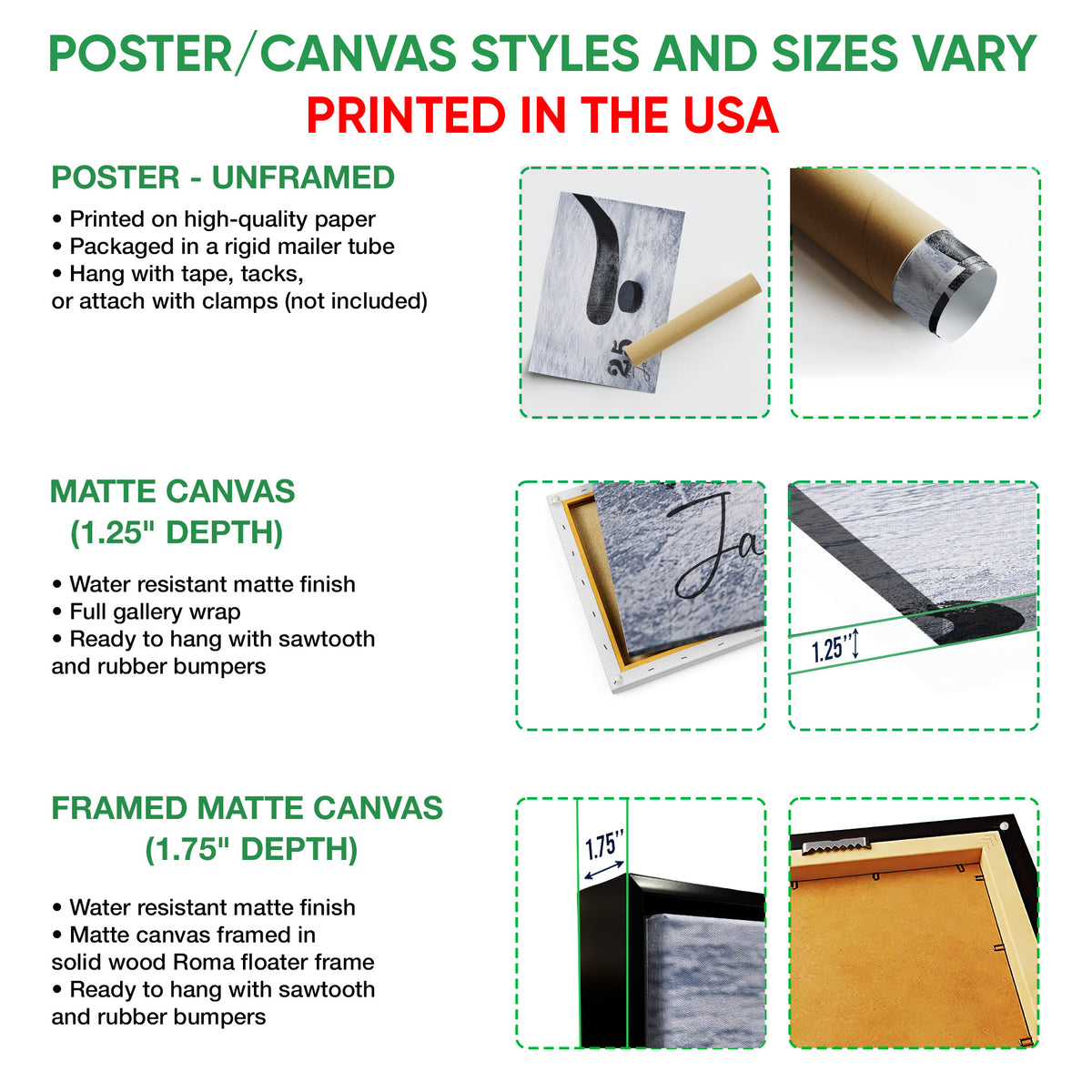 Poster and canvas wall art format guide showing unframed, canvas, and framed canvas options