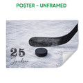 Unframed hockey poster showing a black stick and puck against a textured ice background