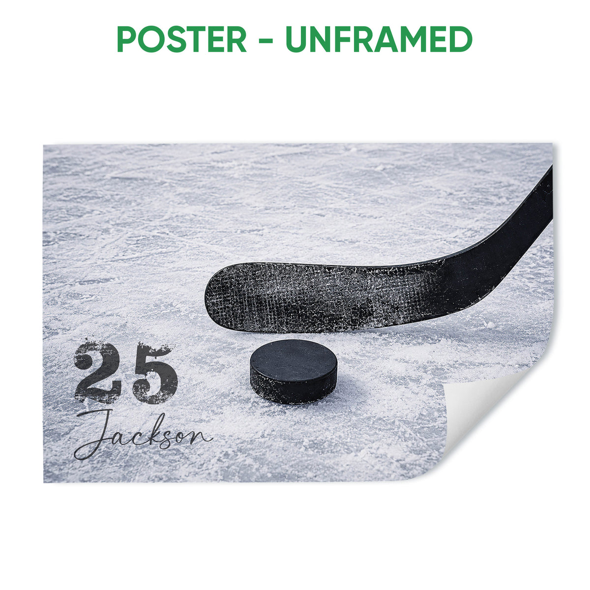 Unframed hockey poster showing a black stick and puck against a textured ice background