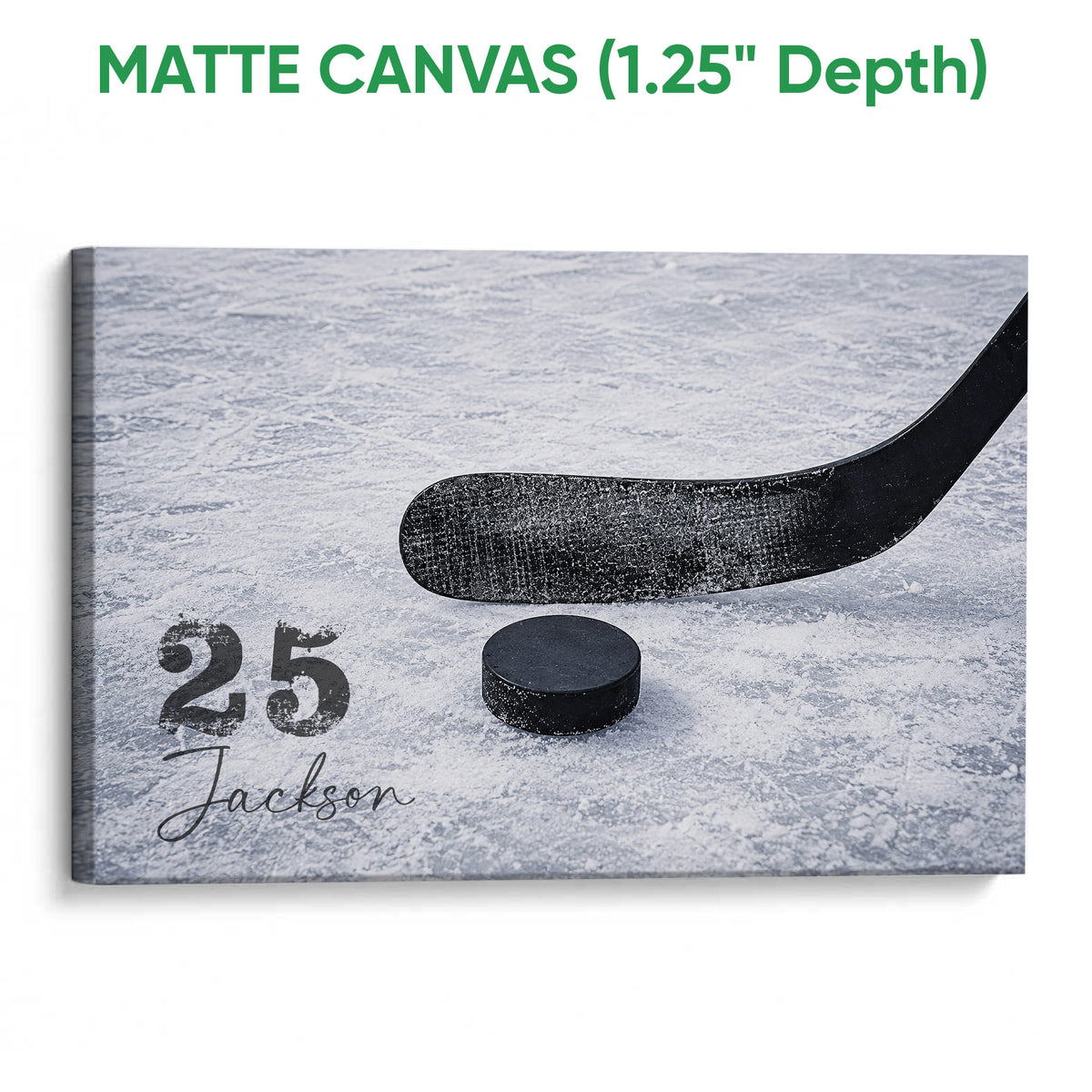 Matte canvas hockey wall art featuring a black stick and puck on blue textured ice