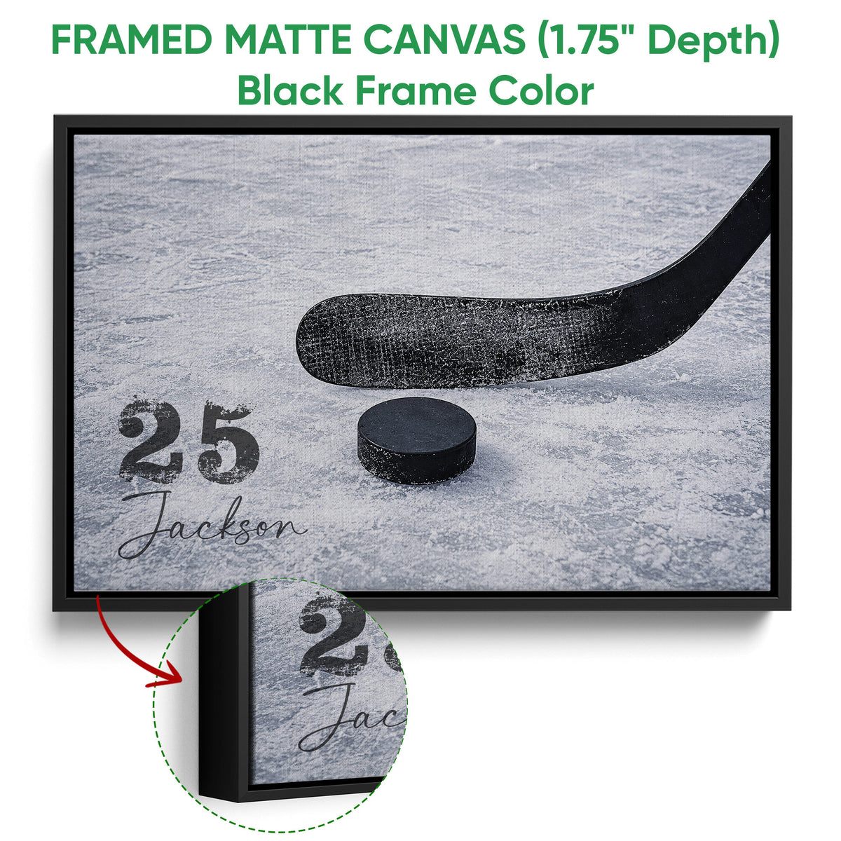 Black framed canvas hockey wall art with a stick and puck detail on an ice background